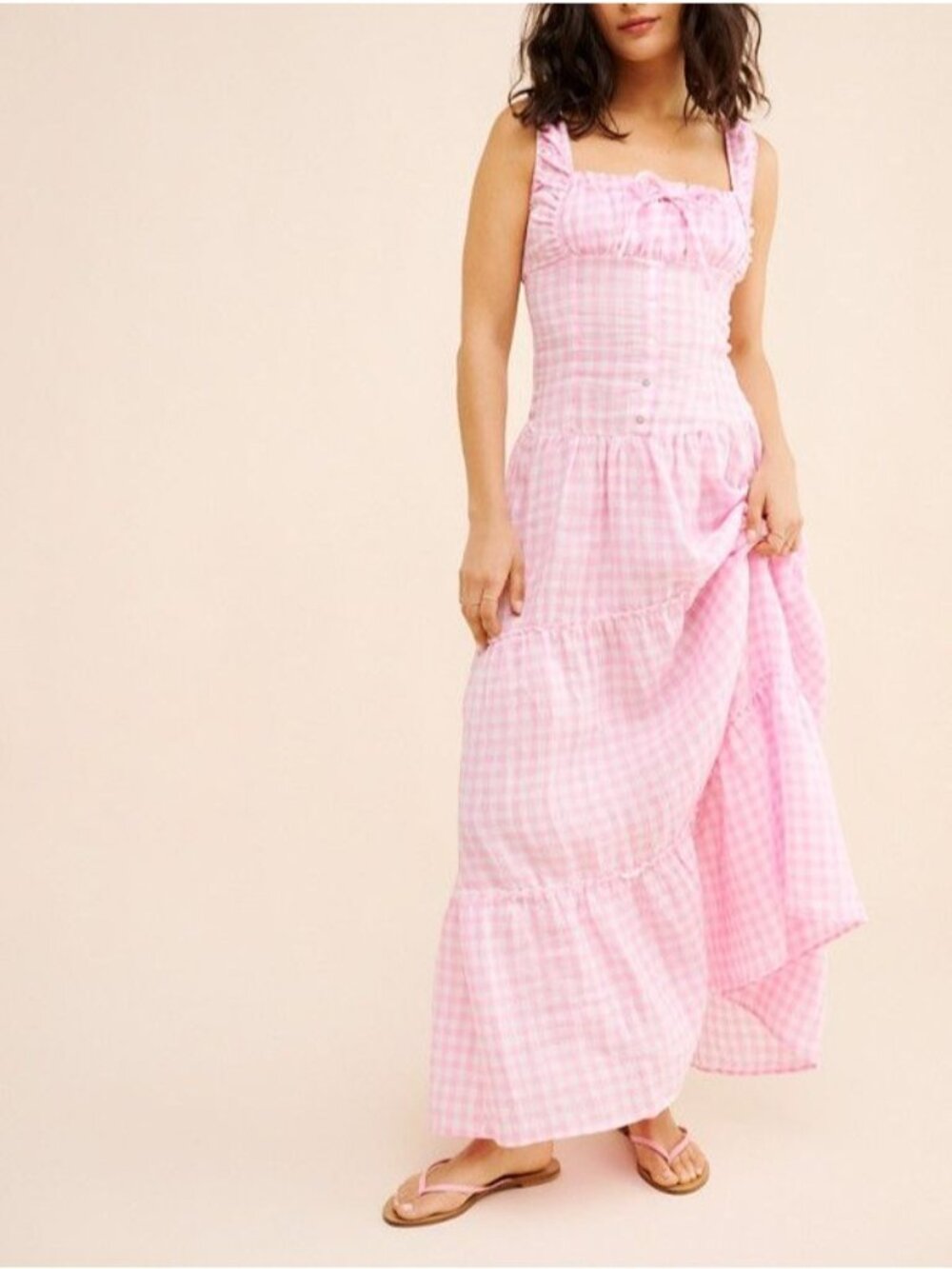 Frankies Bikinis Christabelle Linen Maxi Dress Cottagecore Gingham Pink Womens S